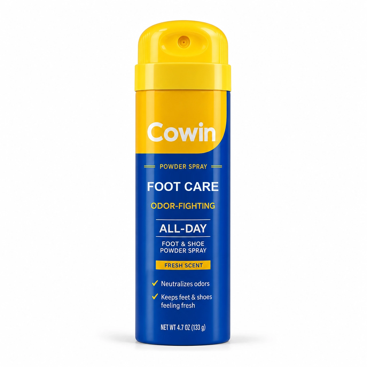 Cowin Foot Care Powder Spray — Yellow & Blue Can — Spray / mist presentation